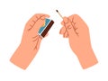 Hands holding a box of matches. Vector illustration of mans hand lights a match using matchbox. Fire safety, lighting