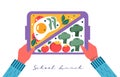 Hands holding breakfast or lunch meals. Food, drinks for Children school lunch boxes with egg, meal, tomato, sandwich, juice,