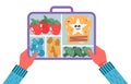 Hands holding breakfast or lunch meals. Food, drinks for Children school lunch boxes with meal, broccoli, sandwich, juice, snacks