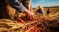 hands holding a bunch of coffee beans, harvest for coffee beans, close-up of hands picking up of coffee beans