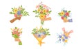 Hands Holding Bunches of Showy Flowers Vector Set
