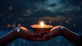 Hands holding burning diwali diya over night sky background Generative AI