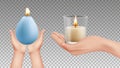 Hands holding candles. Realistic lights, religion symbols. Holiday decorative lighting vector elements