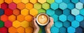 Hands holding a cappuccino with latte art against a vibrant hexagonal pattern background in warm and cool tones