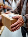 Hands holding a cardboard box in a warehouse setting. Royalty Free Stock Photo