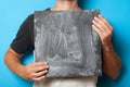 Hands holding chalkboard mockup. Advertisement background. Art frame blank. Creative canvas Royalty Free Stock Photo