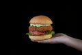 Hands holding a chicken burger with lettuce, tomato, purpple onion and handmade mayo on wood backgorund. Delicious Royalty Free Stock Photo