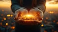 Hands holding city lights, sunset, urban landscape Royalty Free Stock Photo