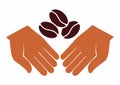 Hands holding coffee beans. Two open hands holding coffee beans, isolated vector color icon Royalty Free Stock Photo