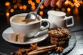 Hands holding coffee cookies and spices on wooden rustic background. stylish winter flat lay. Royalty Free Stock Photo