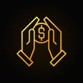 Hands holding coin vector golden outline icon