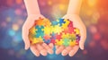 Hands holding colorful puzzle pieces over abstract background, teamwork concept, Generative AI illustrations Royalty Free Stock Photo