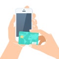 Hands holding credit card and smartphone