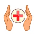 Hands holding cross icon, cartoon style Royalty Free Stock Photo