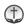 Hands holding Cross, icons or symbols. Religion, Church Christian logo.