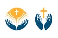 Hands holding Cross, icons or symbols. Religion, Church vector logo Royalty Free Stock Photo