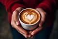 Hands holding a cup of coffee with heart foam latte art . Ai Generate Royalty Free Stock Photo