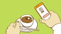 Cartoon Hands Holding Cup Of Coffee And Mobile Phone With Scanned QR Code