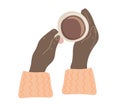 Hands holding cup of coffee. Top view Royalty Free Stock Photo