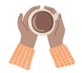 Hands holding cup of coffee. Top view Royalty Free Stock Photo