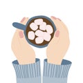 Hands holding cup of hot chocolate with marshmallow, coffee time or coffee break concept, vector