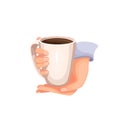 Hands holding cup of hot coffee or tea, two arms of person keep warm of ceramic mug