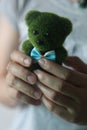 Hands holding a cute grass teddy