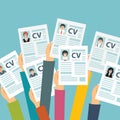 Hands holding CV papers. Human resources management concept, searching professional staff, analyzing resume papers, work