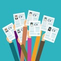 Hands holding CV papers. Human resources management concept, searching professional staff, analyzing resume papers, work