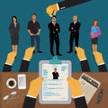 Hands holding CV profile to choose from group of business people to hire, interview, hr, Vector Illustration