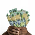 hands holding 3D rendered 100 Australian dollar notes Royalty Free Stock Photo