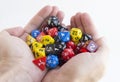 Hands holding dices for dnd, role playing games and board games Royalty Free Stock Photo