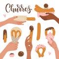 Hands holding different churros. Traditional Spanish and Portuguese dessert. A femals hand holding a pastry sweet snack