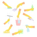 Hands holding different cleaning products and tools set. Cleaning service symbols vector illustration Royalty Free Stock Photo