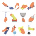 Hands holding different cleaning tools vector flat icons set Royalty Free Stock Photo