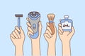 Hands holding different tools for shaving