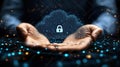 Hands holding digital cloud security, network background Royalty Free Stock Photo