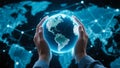 Hands Holding Digital Globe with Global Network Points Royalty Free Stock Photo