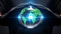 Hands holding digital globe with lock symbol and binary code Royalty Free Stock Photo