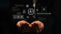 Hands Holding Digital Interface Representing Artificial Intelligence Concepts with Graphical Elements and Data Royalty Free Stock Photo