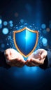 Hands holding a digital shield with network connections, concept of cybersecurity, and protection. Royalty Free Stock Photo