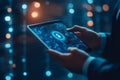 Cyber Security Digital Pad Tablet with Glowing Lock Icon and Binary Code Network Data Abstract Background Royalty Free Stock Photo
