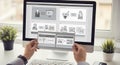 Hands holding digital tablet displaying website wireframes and responsive user interface design on desktop. Royalty Free Stock Photo