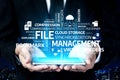 Hands Holding Digital Tablet with File Management Concepts, Cloud Storage, Synchronization, and Metadata Illustration Royalty Free Stock Photo