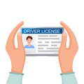 Hands are holding a driver's license. Photo ID. Vector illustration in flat style isolated on white background. Royalty Free Stock Photo