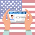 Hands are holding a driver's license. Photo ID. Vector illustration in flat style isolated on white background. Royalty Free Stock Photo