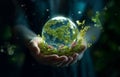 Hands holding earth crystal glass globe ball encircled by verdant forest flora. Generative AI Royalty Free Stock Photo