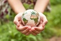 Hands holding earth globe on green grass background. Earth day concept. Saving the planet, environment. Created with generative Ai