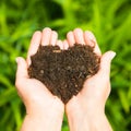 Hands holding an earth heart on natural green background. Ecology concept