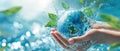 The hands holding the Earth surrounded by water and green leaves AI generated image Royalty Free Stock Photo